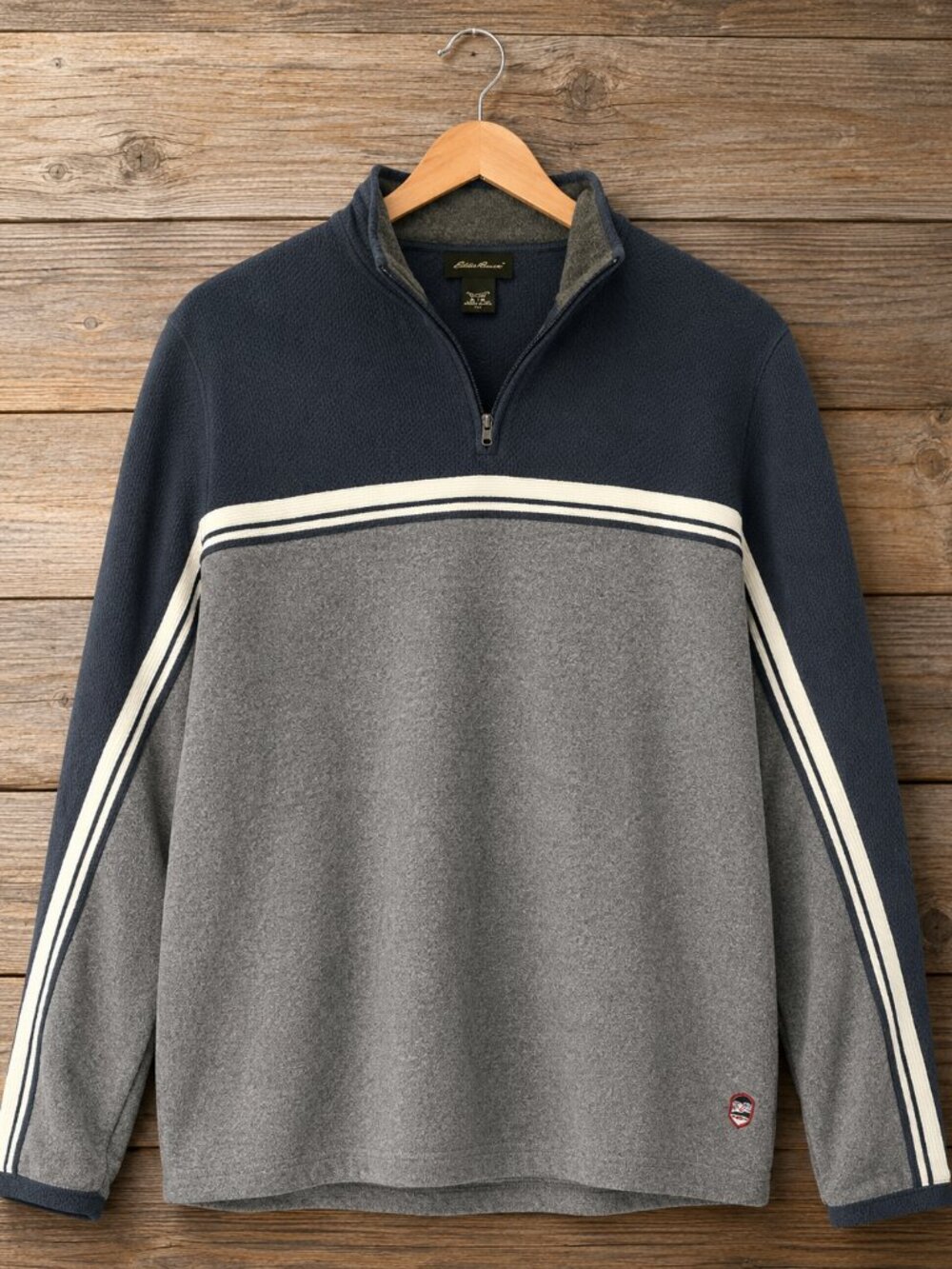 Eddie Bauer Men’s Size M Quarter Zip Sweater Navy Gray Stripe Pullover